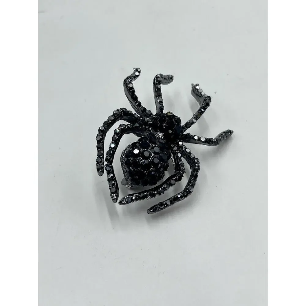 Silver Tone‎ Black Glass Crystal Spider Scary Halloween Bug Brooch Pin